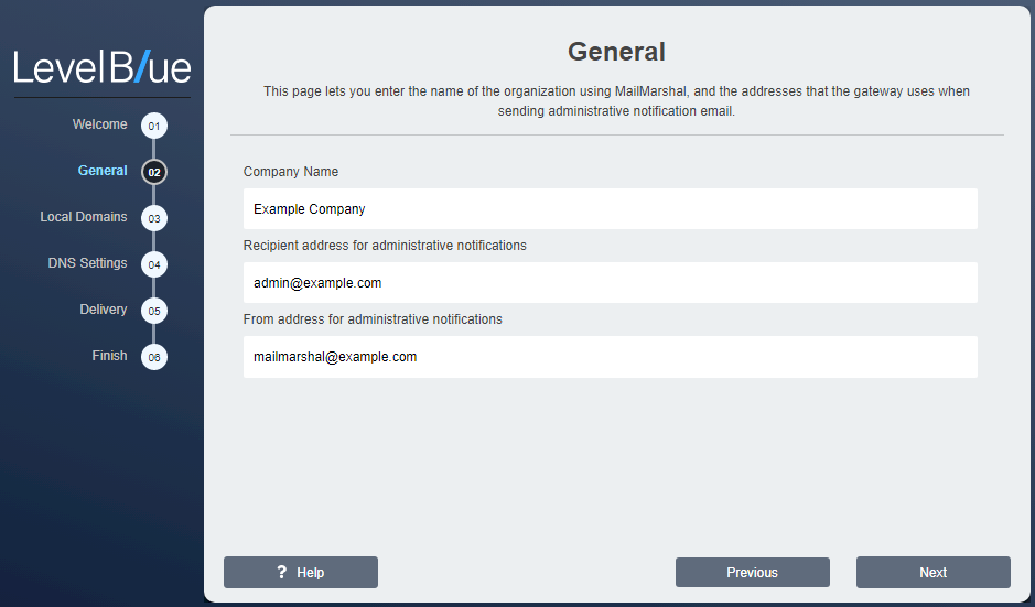 Configuration Wizard General window with company name and administrative notification addresses