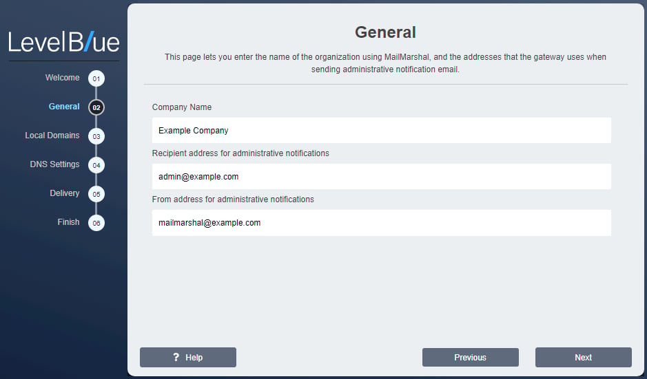 Configuration Wizard General window with company name and administrative notification addresses