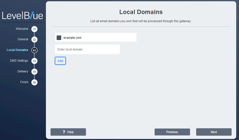 Configuration Wizard Local Domains window with a domain entry and Add button