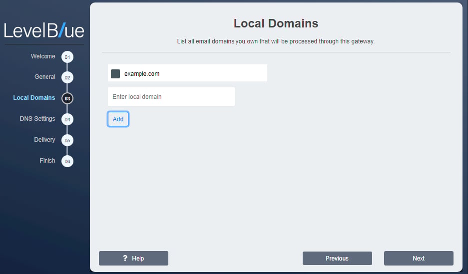 Configuration Wizard Local Domains window with a domain entry and Add button