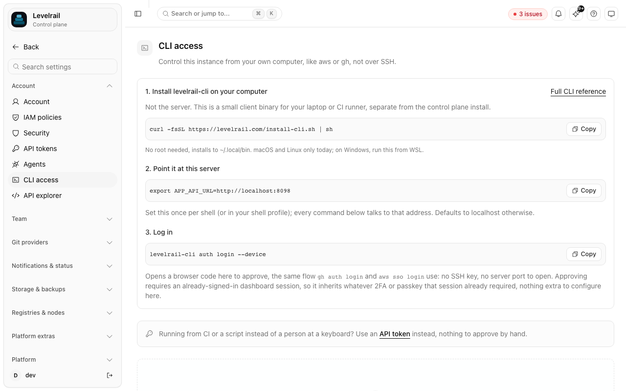 Levelrail CLI access page with install, point-at-server, and device login steps