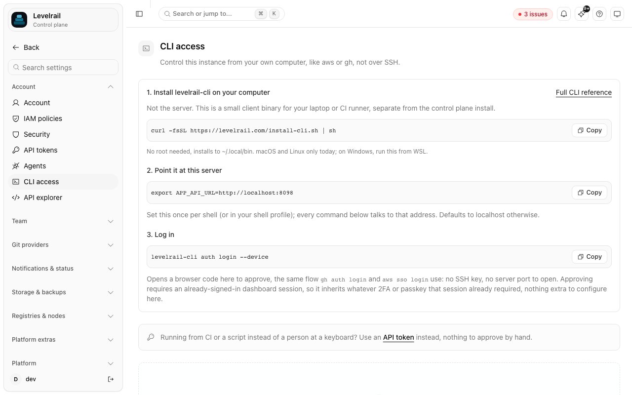 Levelrail CLI access page with install, point-at-server, and device login steps
