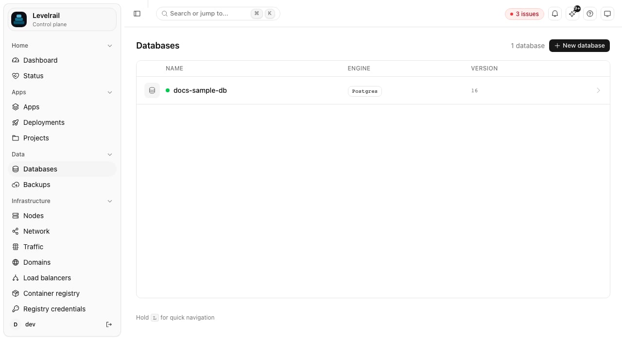 The Databases page listing a healthy Postgres 16 database