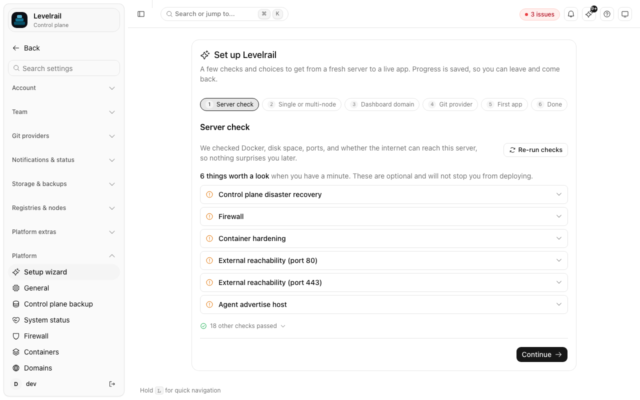 Levelrail setup wizard on a fresh install: server checks with a Continue button