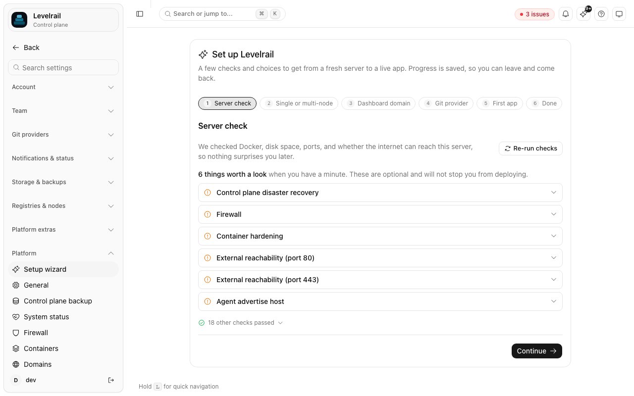 Levelrail setup wizard on a fresh install: server checks with a Continue button