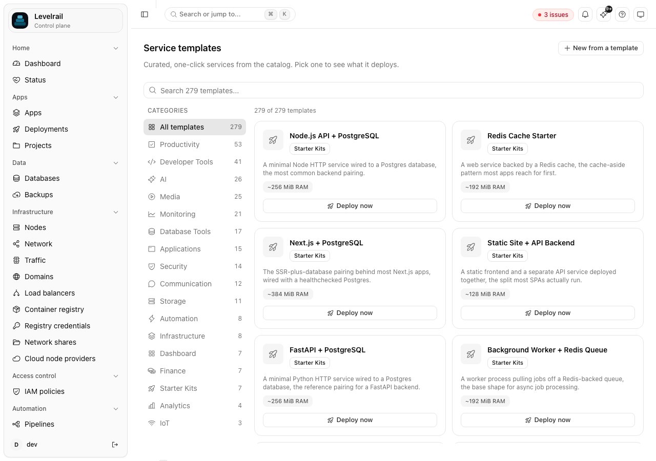 The service templates page with search, categories, and Deploy now cards