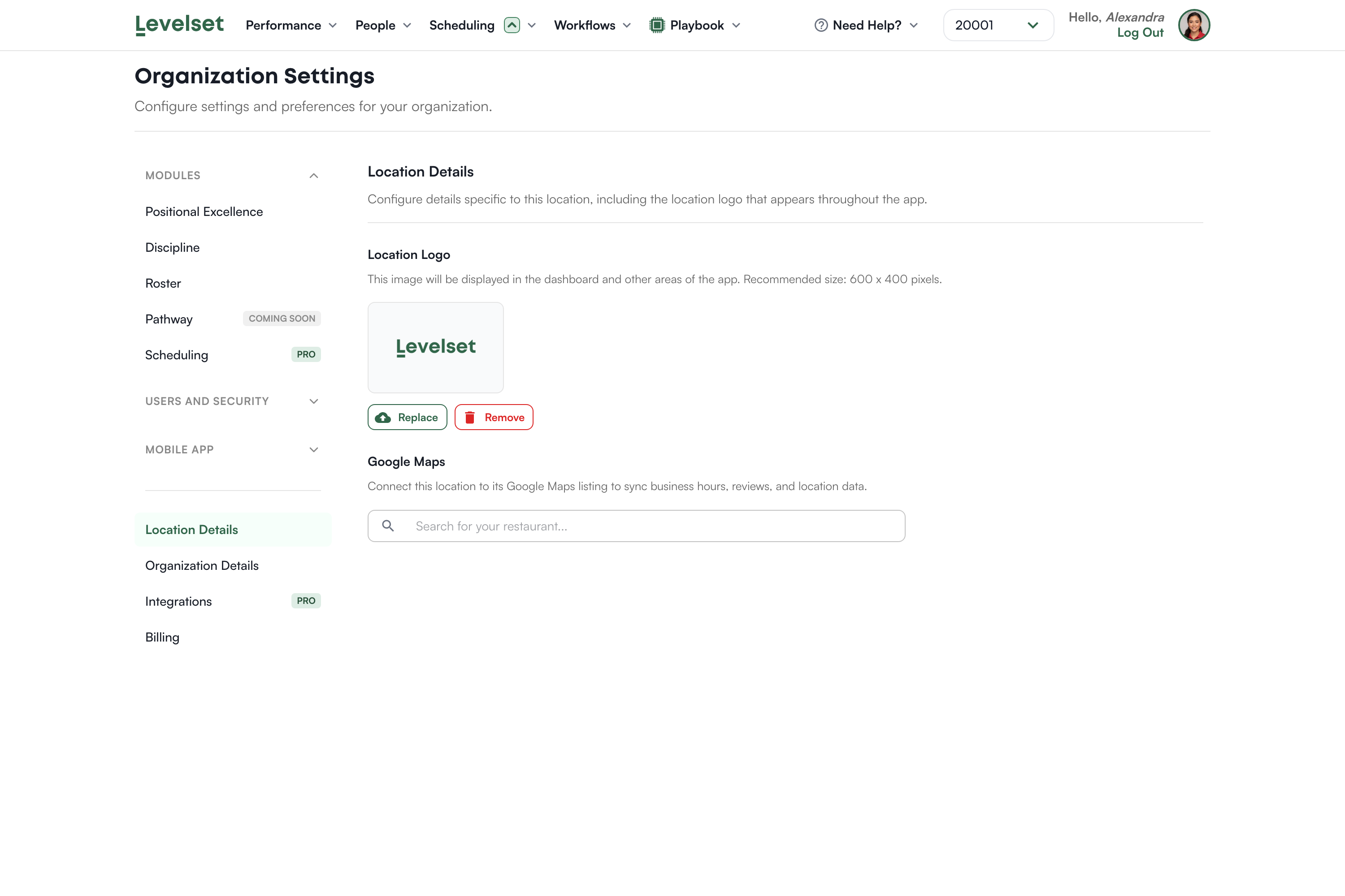 Location details with the logo uploader and Google Maps search