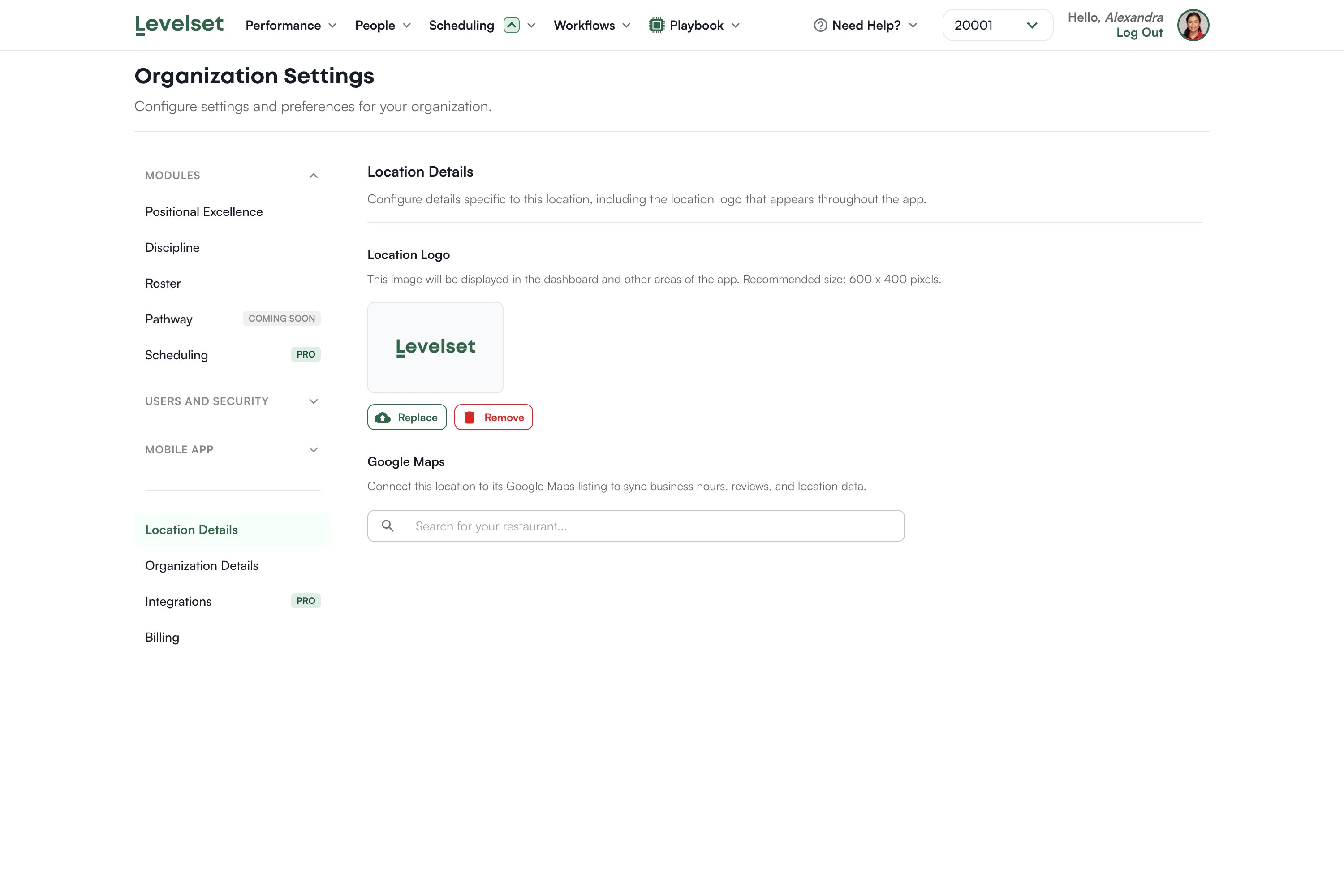 Location details with the logo uploader and Google Maps search