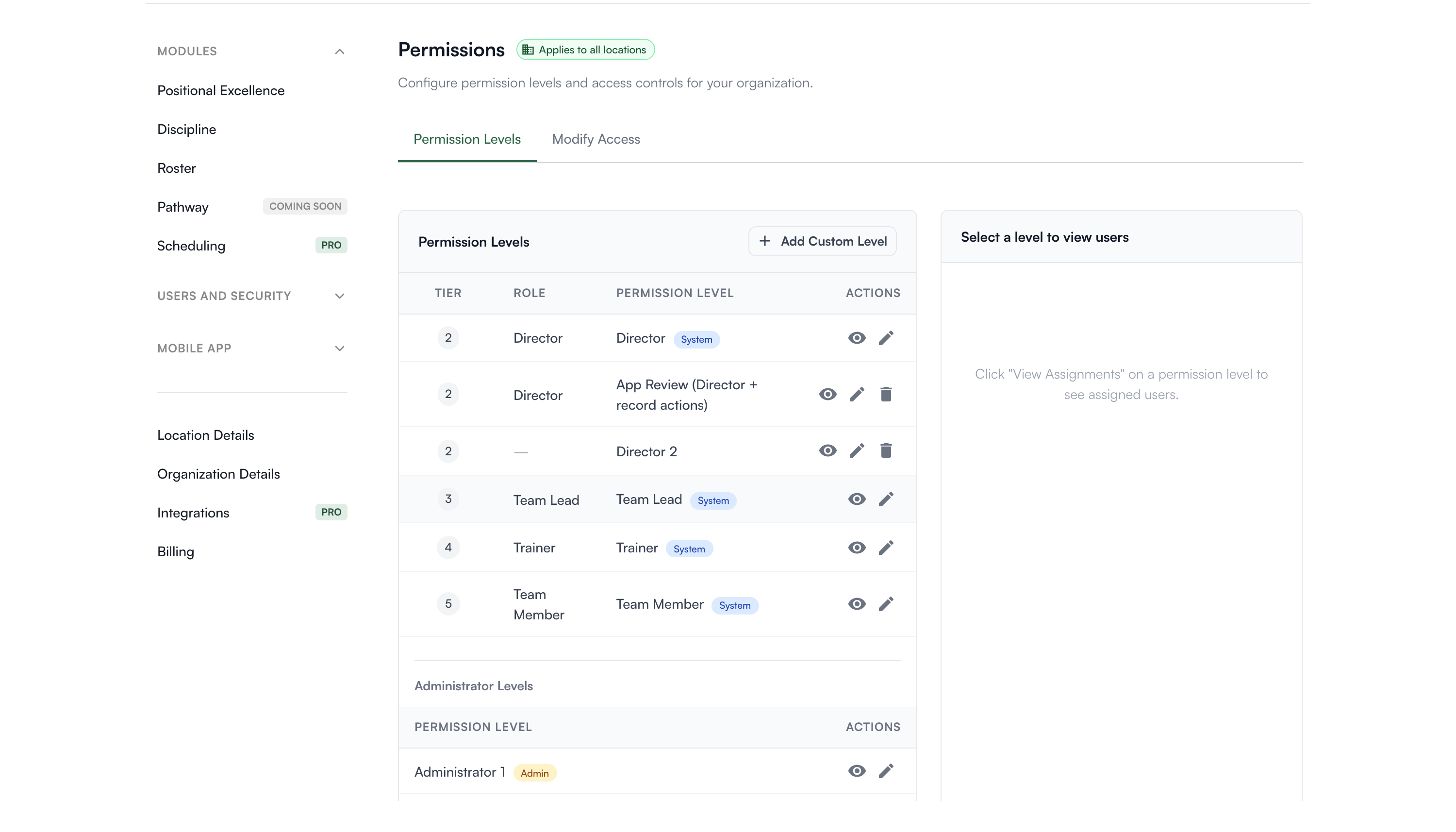 Permission levels listed by tier with system and admin badges