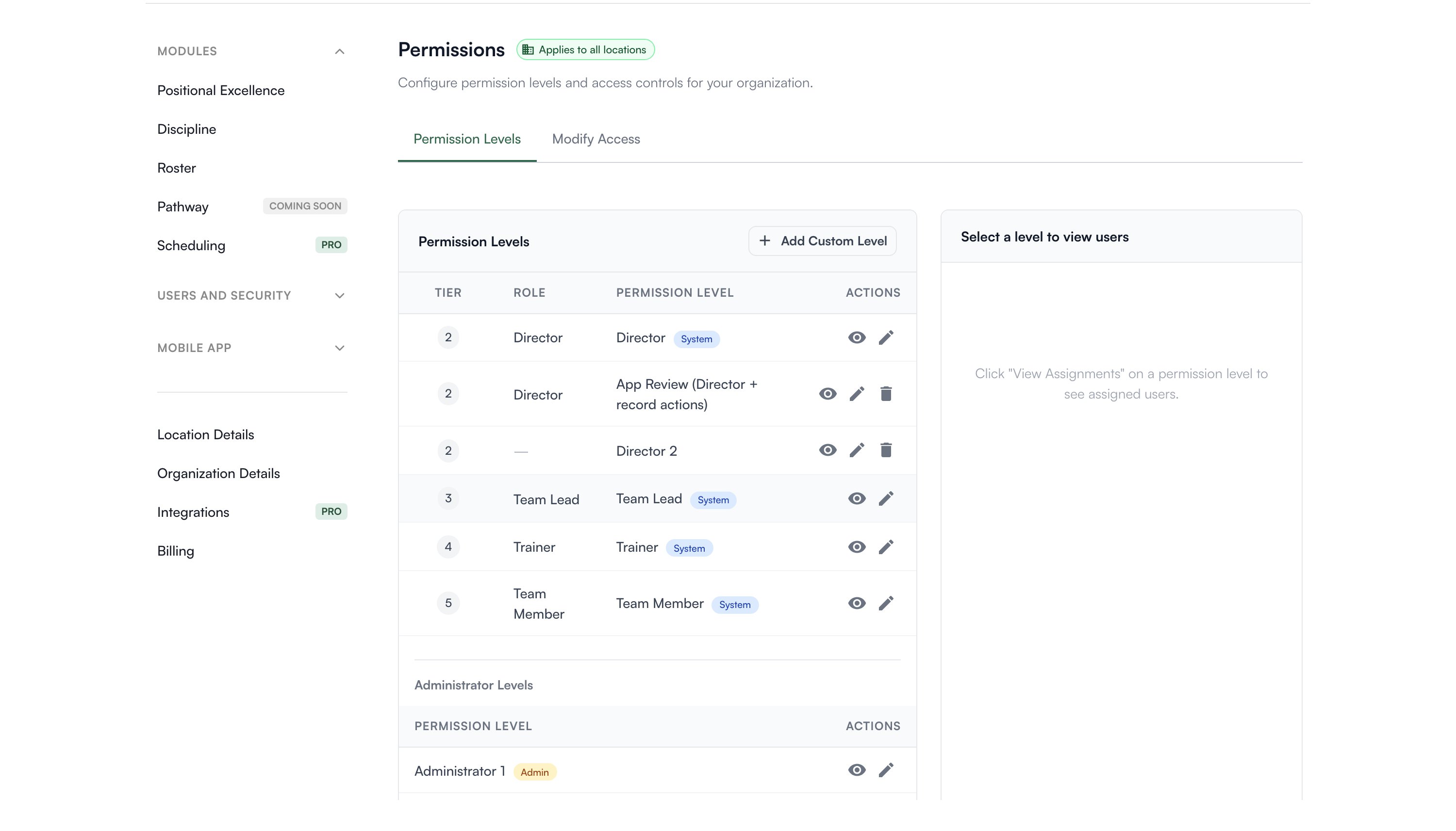 Permission levels listed by tier with system and admin badges
