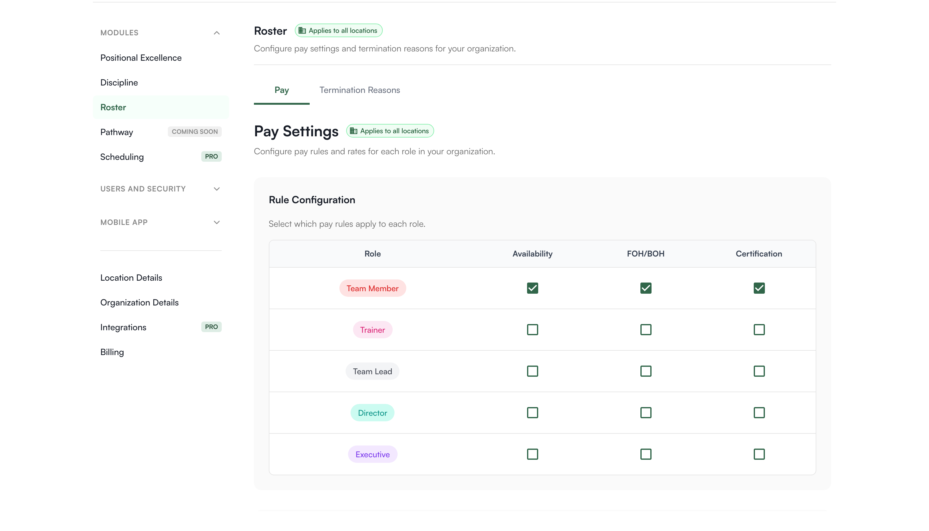 Pay settings with rule configuration, pay rates, and availability requirements