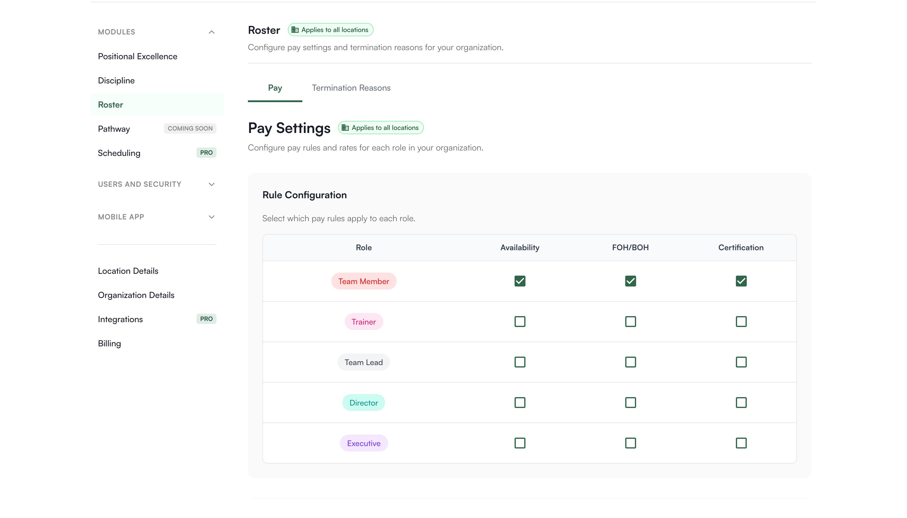 Pay settings with rule configuration, pay rates, and availability requirements