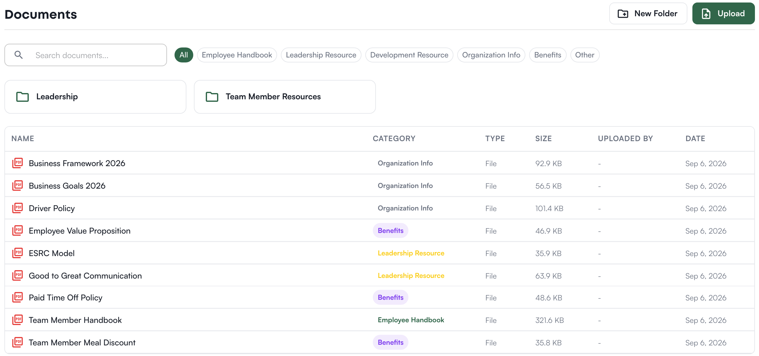 Documents: search, category filters, folders, and the list with each document category, type, size and date