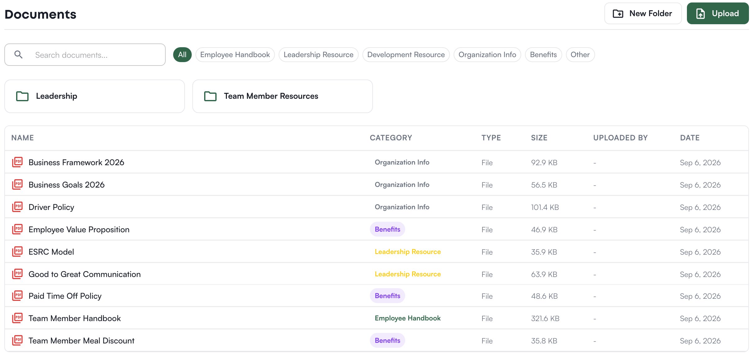 Documents: search, category filters, folders, and the list with each document category, type, size and date