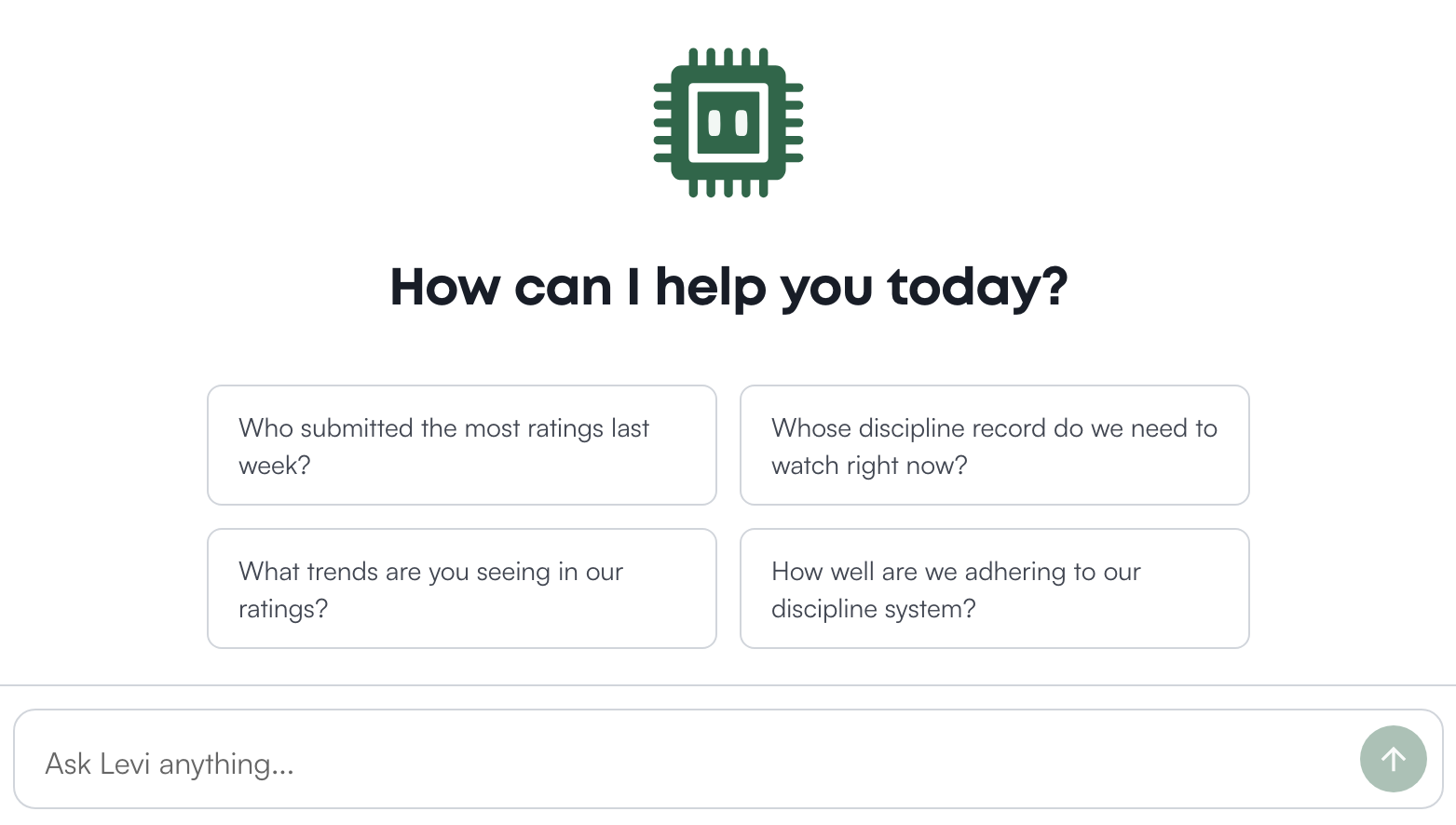 Ask Levi with no conversation yet: How can I help you today?, four starter prompts, and the Ask Levi anything box