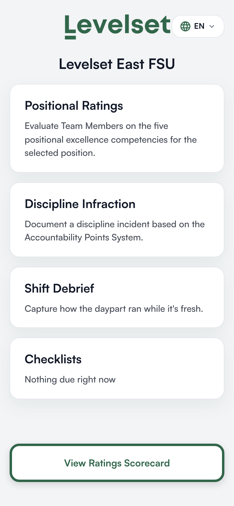 The mobile web app home screen for a store: Positional Ratings, Discipline Infraction, Shift Debrief and Checklists, and View Ratings Scorecard