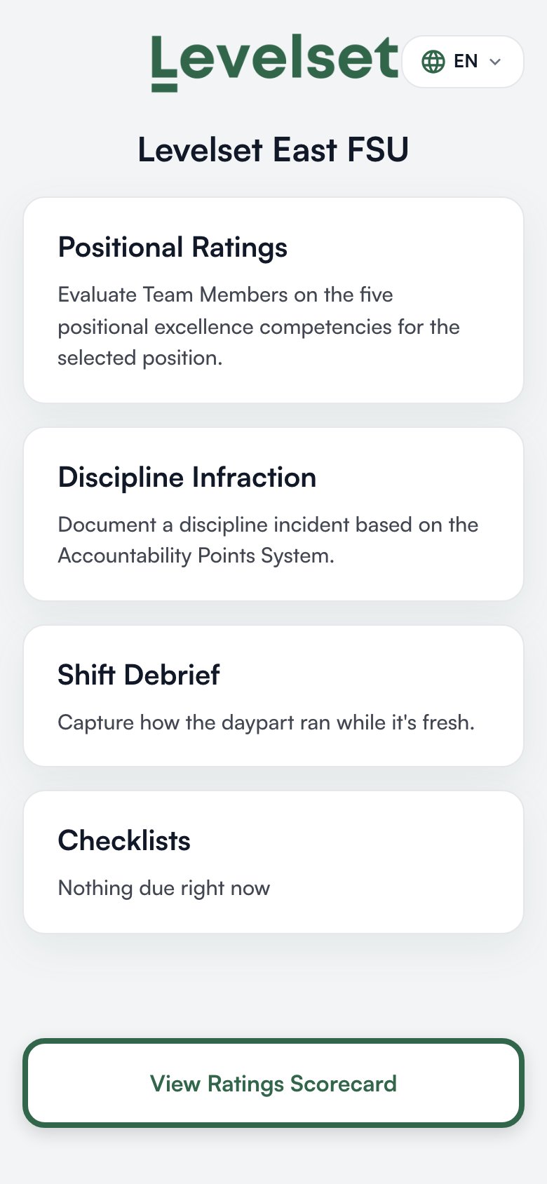 The mobile web app home screen for a store: Positional Ratings, Discipline Infraction, Shift Debrief and Checklists, and View Ratings Scorecard