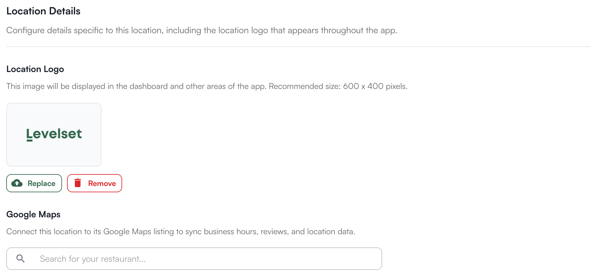 The Location Logo with Replace and Remove, and the Google Maps search box for finding the store's listing