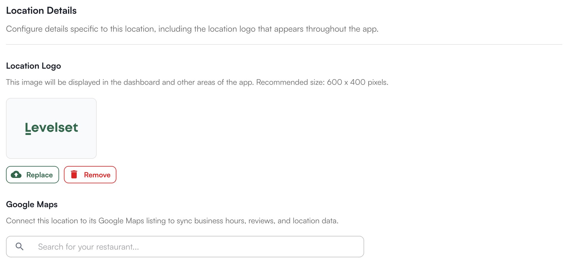 The Location Logo with Replace and Remove, and the Google Maps search box for finding the store's listing