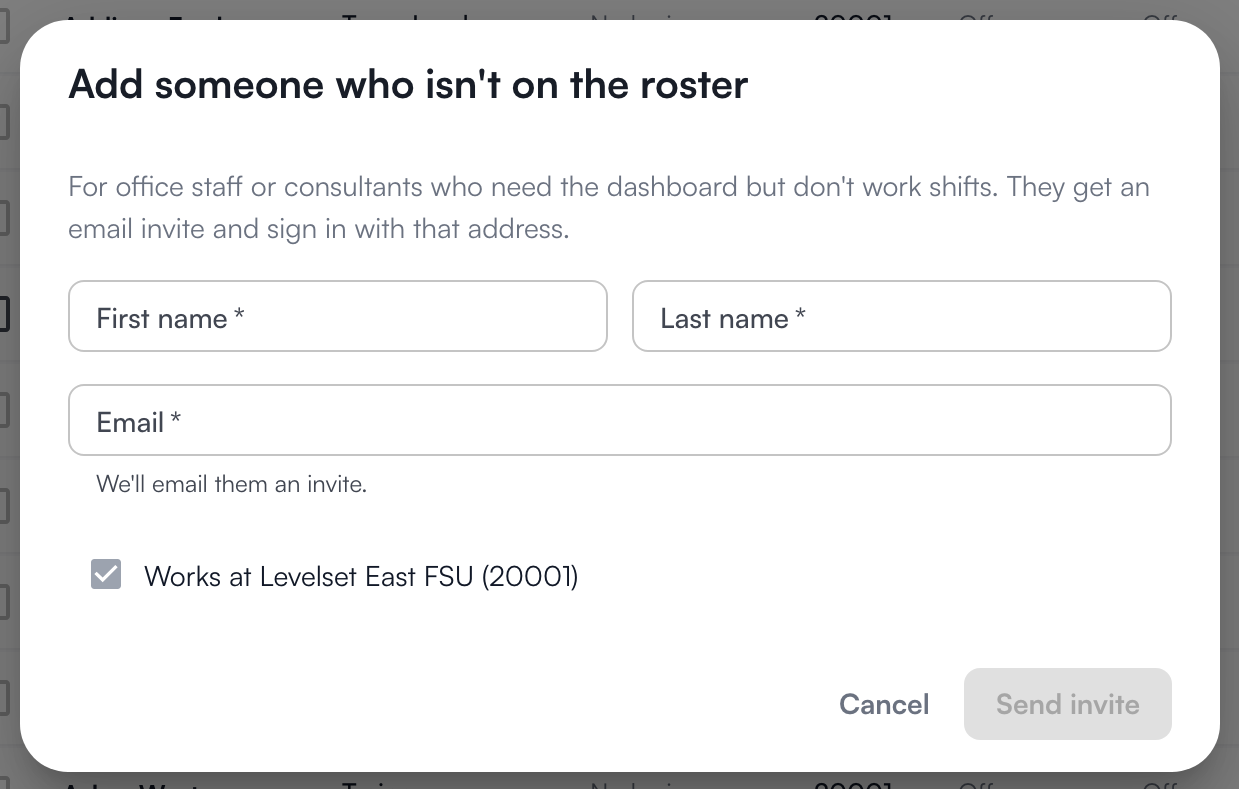The Add someone window with name, email and store fields