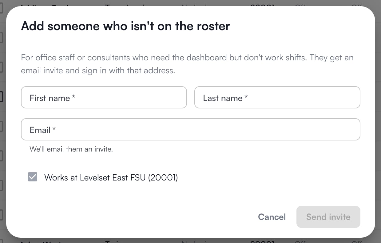 The Add someone window with name, email and store fields