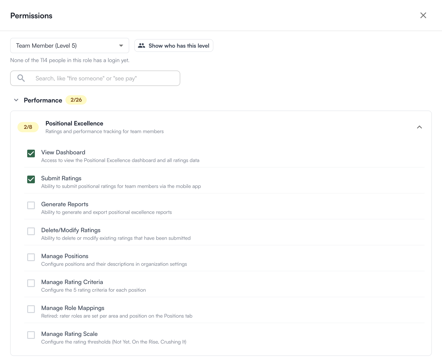 The Permissions editor for a role's level, with a search box and permission checkboxes grouped by menu