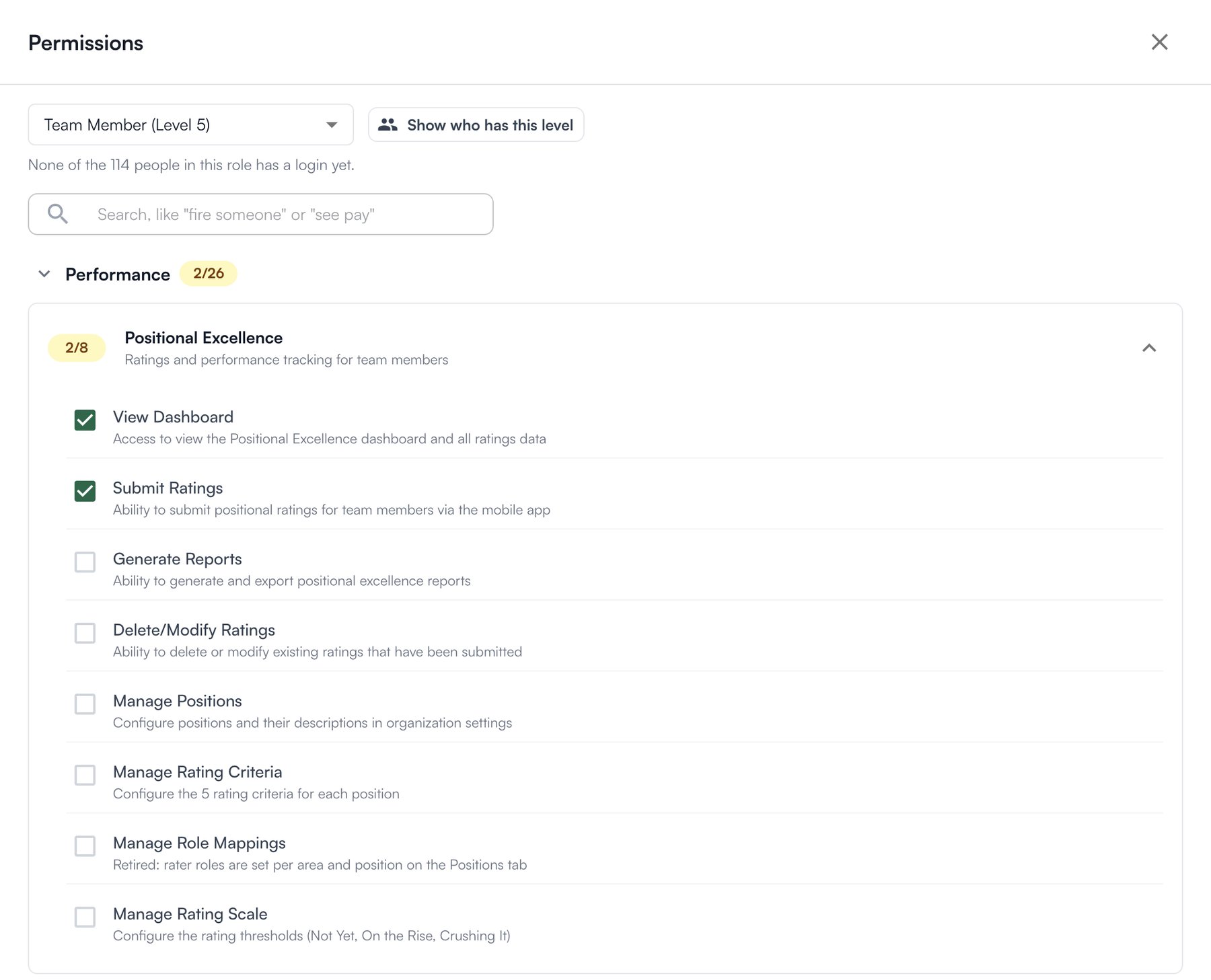 The Permissions editor for a role's level, with a search box and permission checkboxes grouped by menu