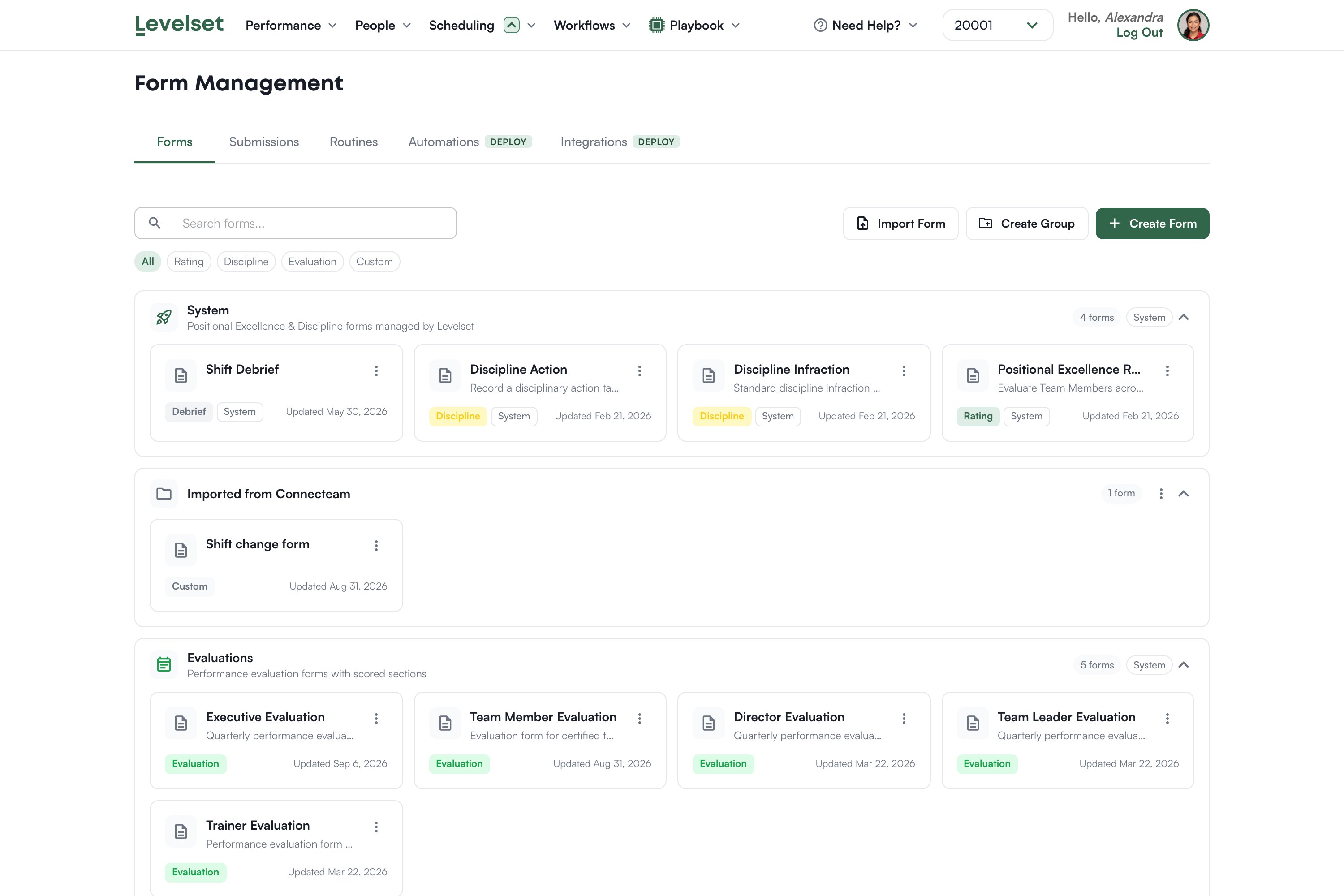 The Form Management page listing forms
