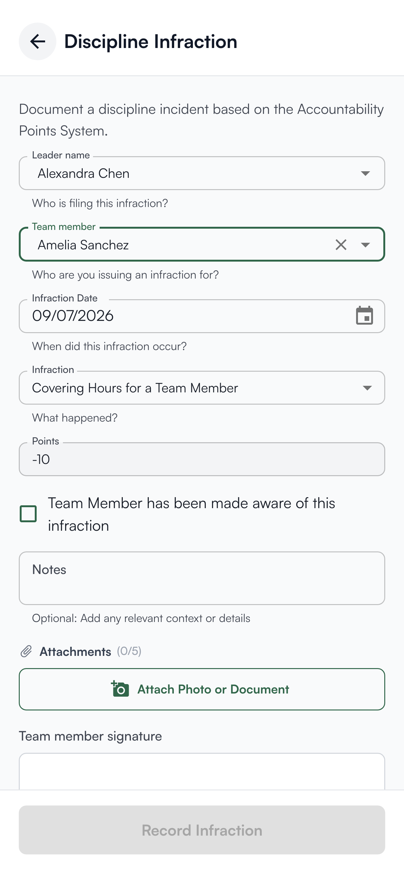 The discipline form filled in: leader, team member, date, an infraction carrying minus ten points, the acknowledgement box, notes, attachments and signatures