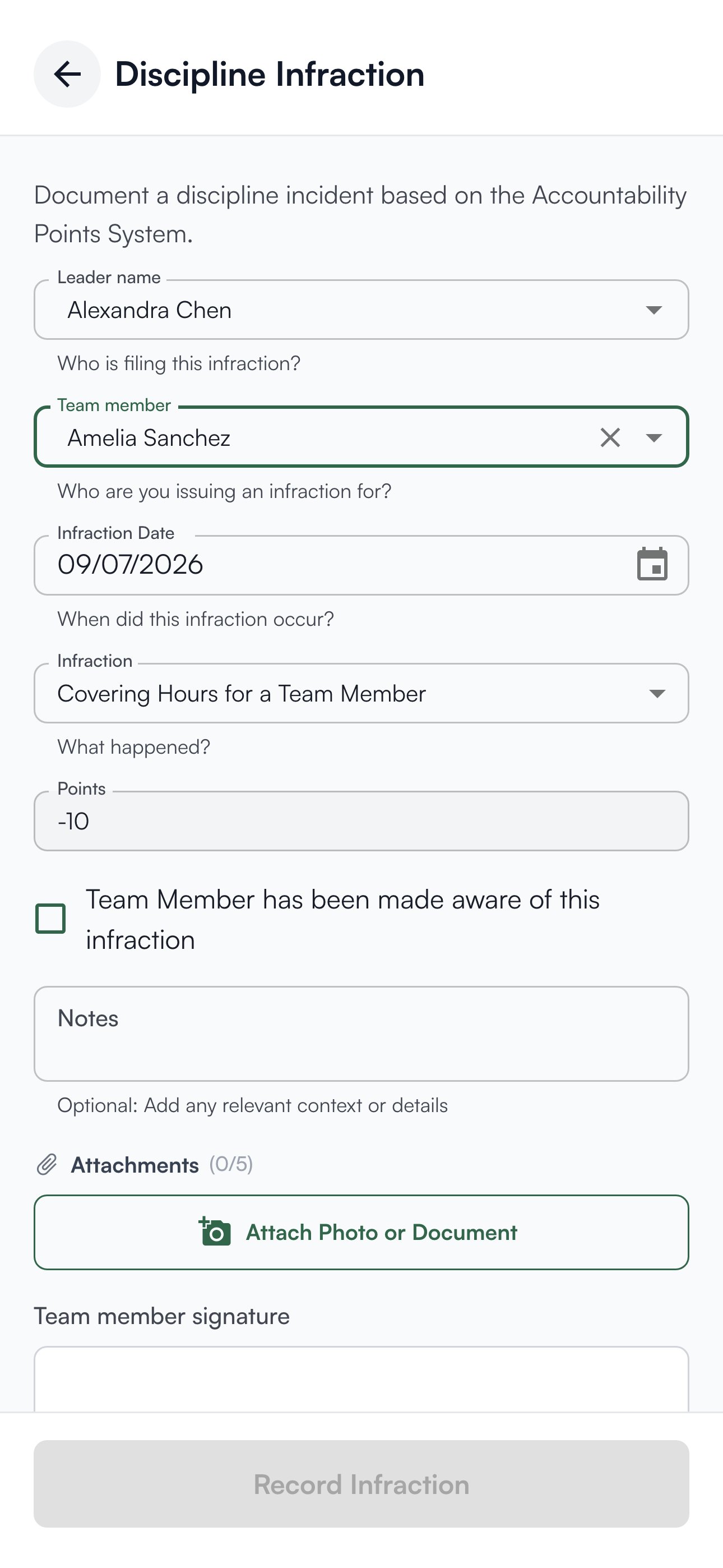 The discipline form filled in: leader, team member, date, an infraction carrying minus ten points, the acknowledgement box, notes, attachments and signatures