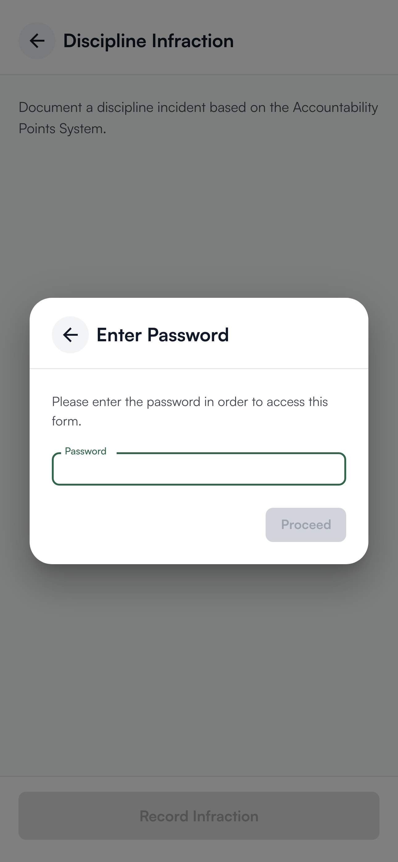 The Enter Password prompt in front of the discipline form