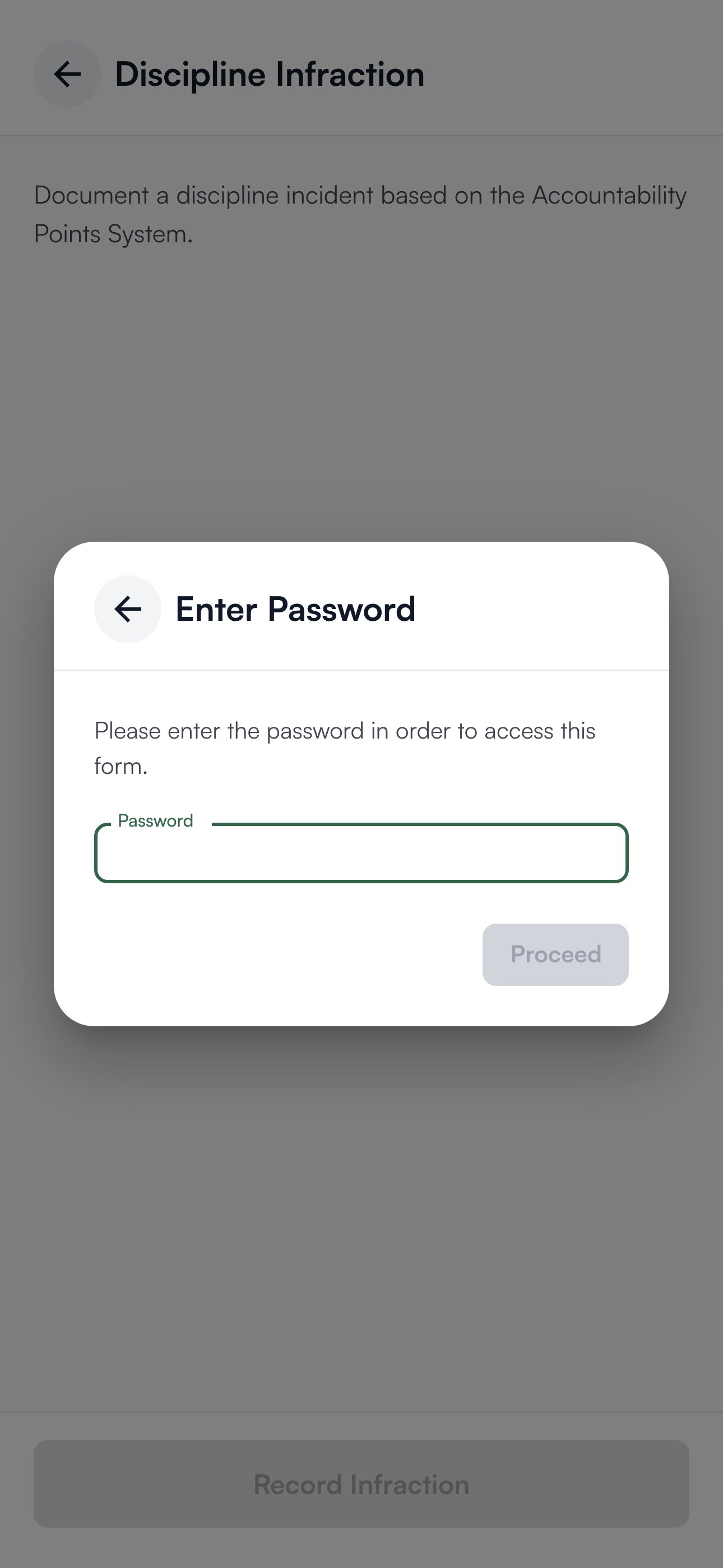 The Enter Password prompt in front of the discipline form