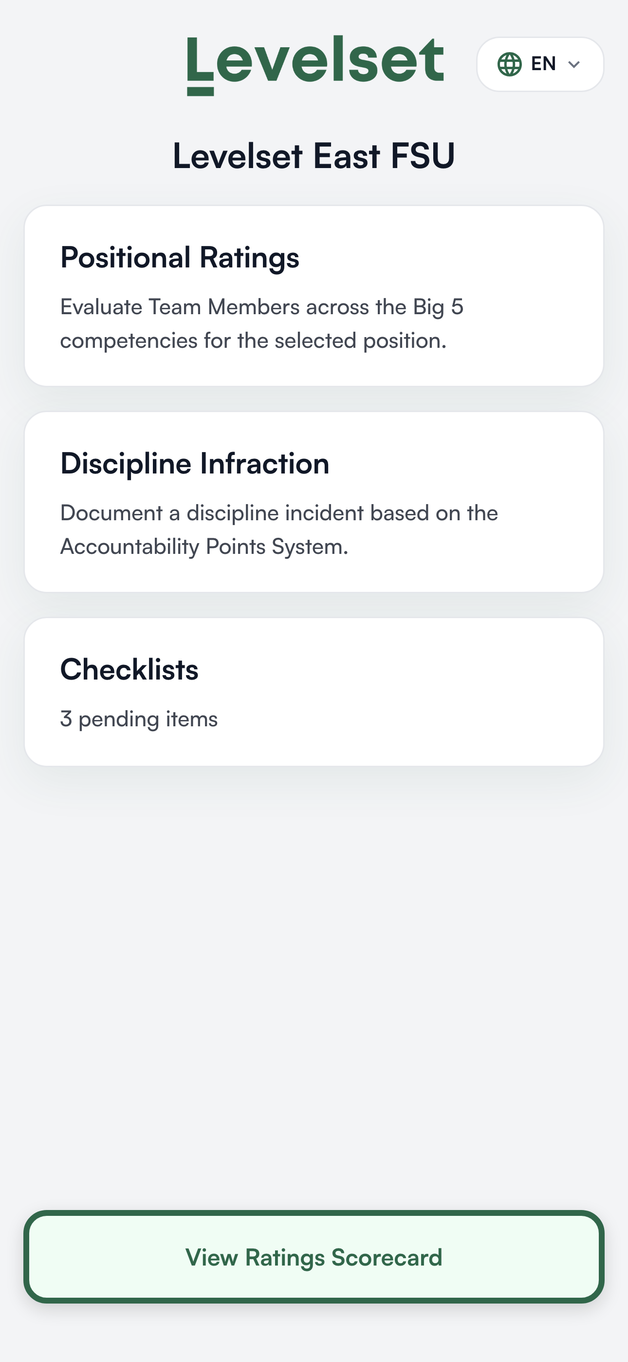 The mobile web app home screen for a location
