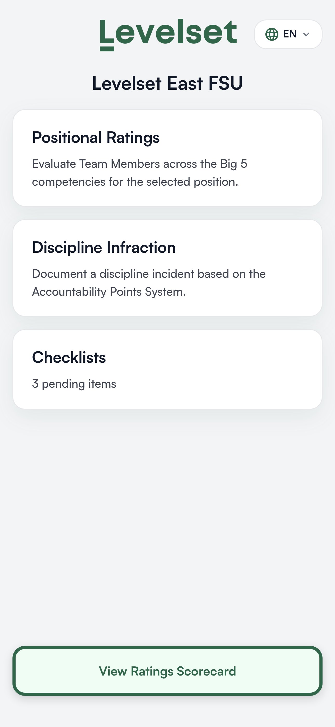 The mobile web app home screen for a location