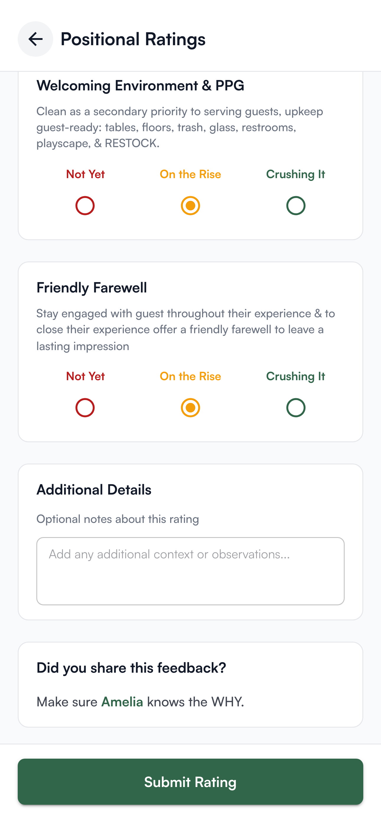 Two criteria scored On the Rise, the Additional Details box, the Did you share this feedback? prompt and the Submit Rating button