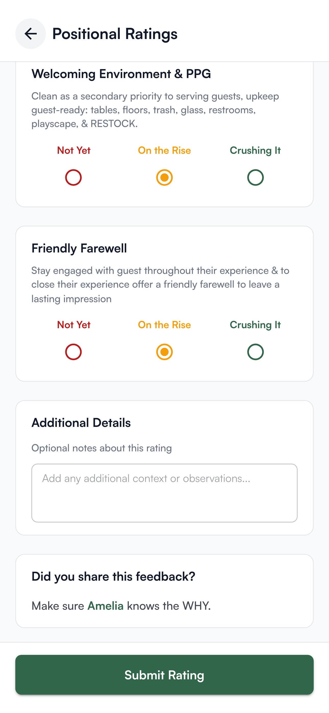 Two criteria scored On the Rise, the Additional Details box, the Did you share this feedback? prompt and the Submit Rating button