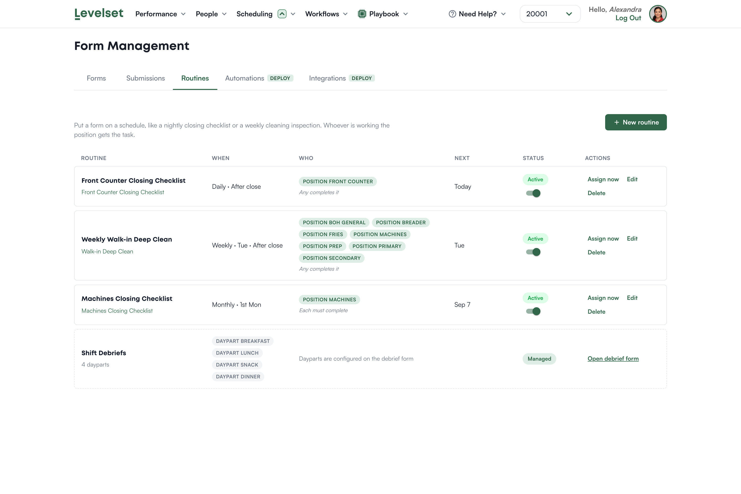 The Routines tab listing scheduled forms with when, who and next due