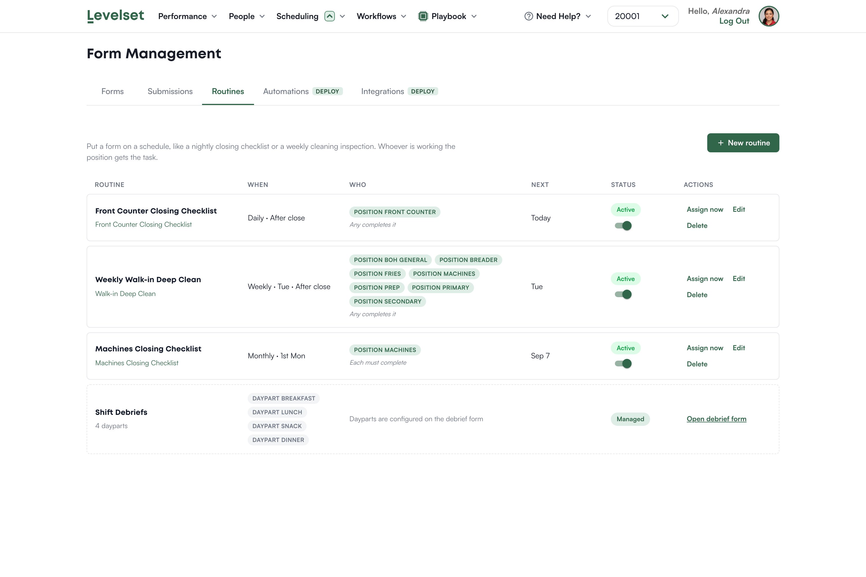 The Routines tab listing scheduled forms with when, who and next due
