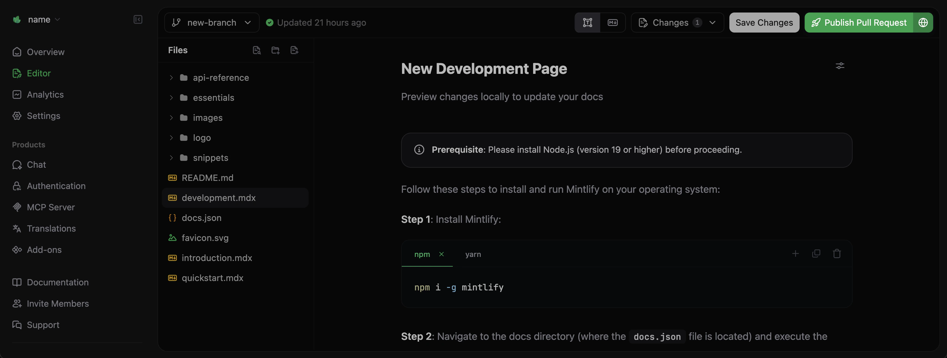 Publish pull request button emphasized in the Mintlify visual editor