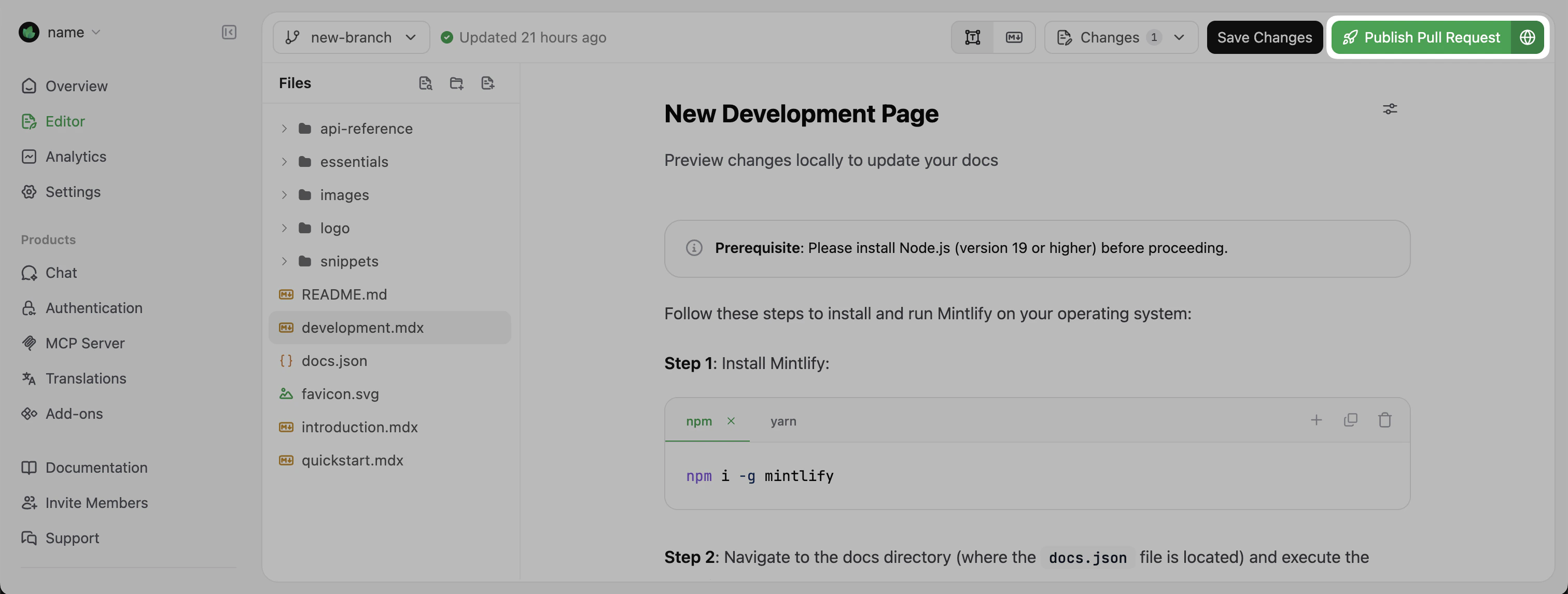 Publish pull request button emphasized in the Mintlify visual editor