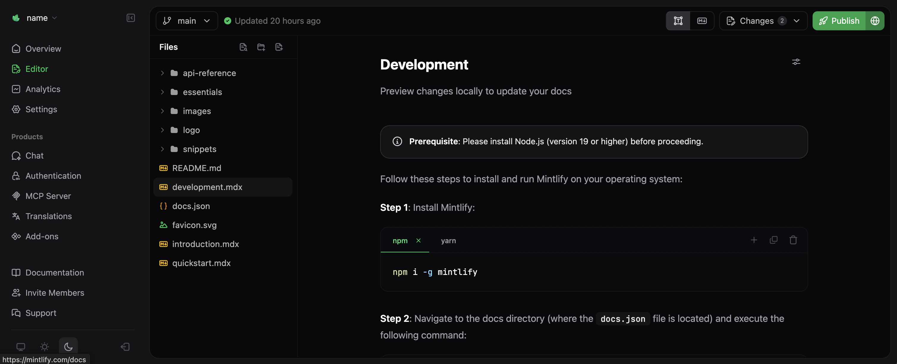 Visual editing mode in the Mintlify visual editor