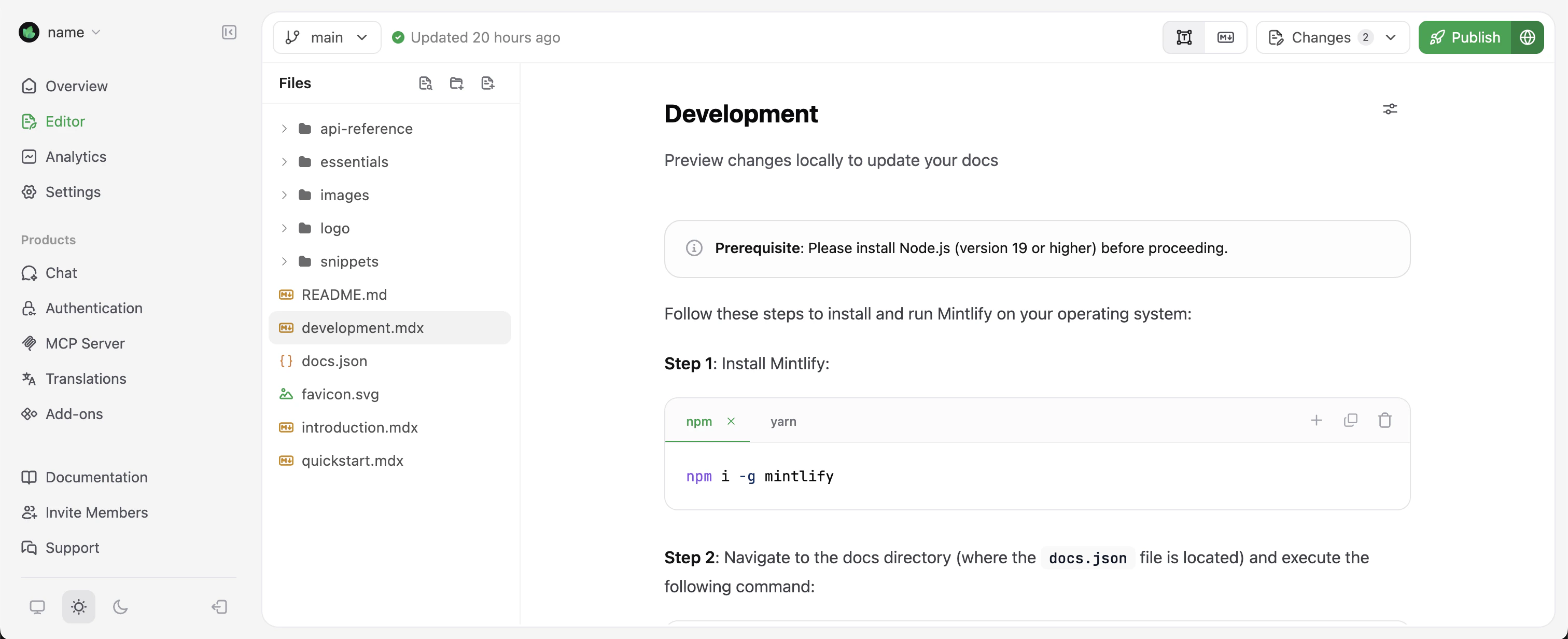 Visual editing mode in the Mintlify visual editor