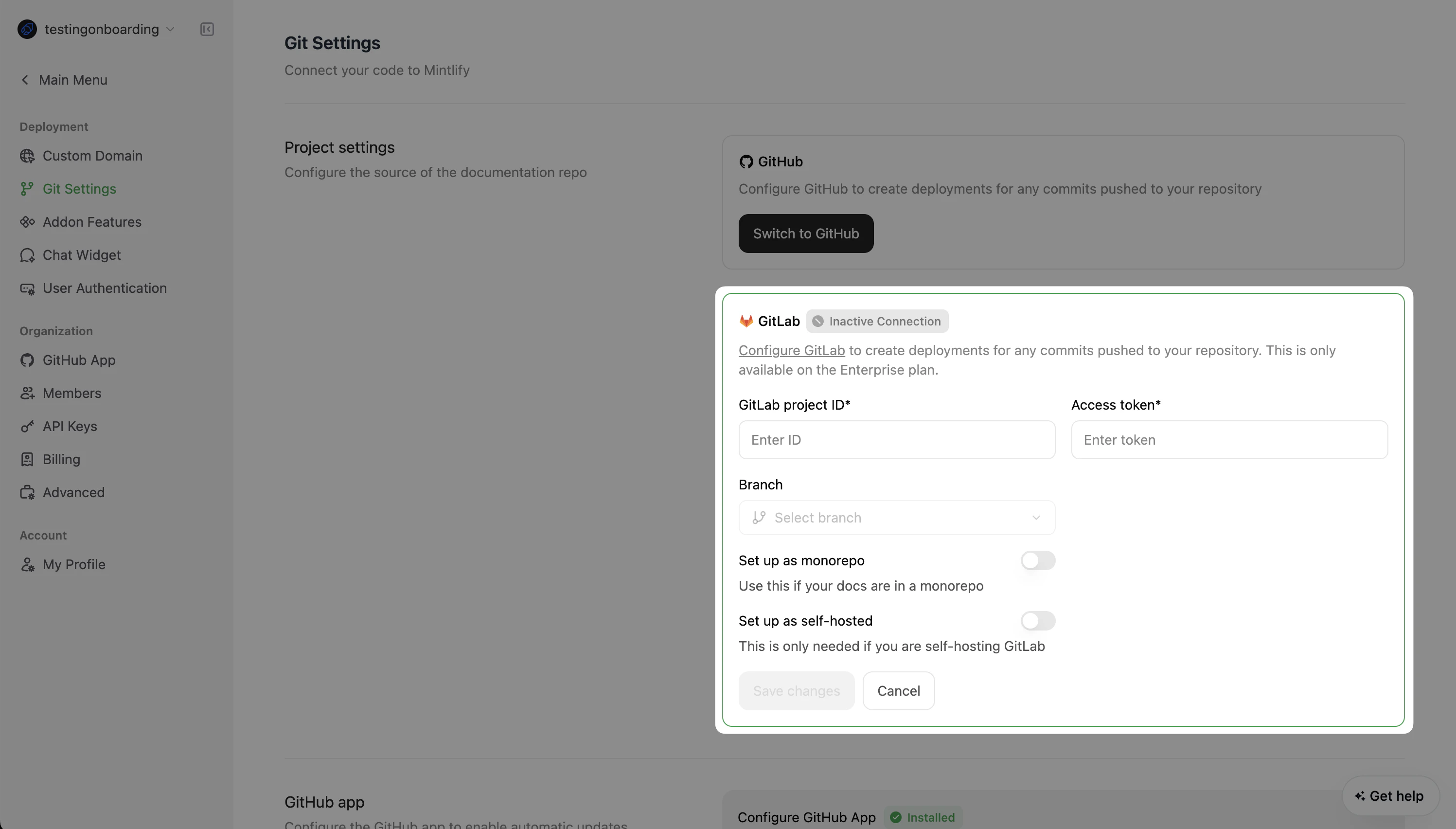 The Git Settings page in the Mintlify dashboard. The GitLab configuration settings are highlighted.