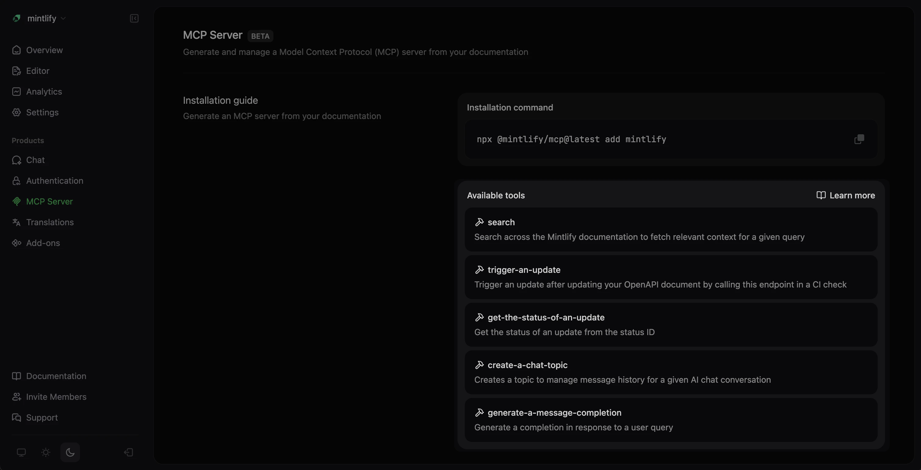 MCP dashboard with Available tools section emphasized