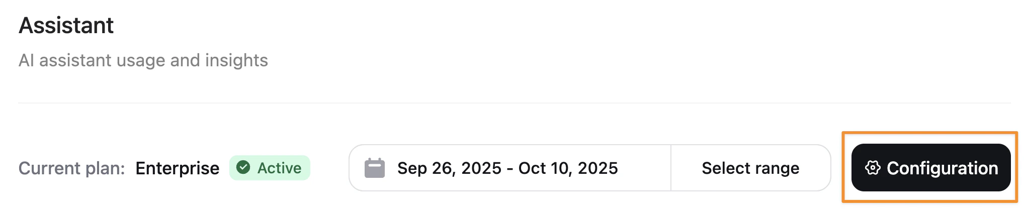 The assistant toolbar in the dashboard. The Configuration button is emphasized with an orange rectangle.