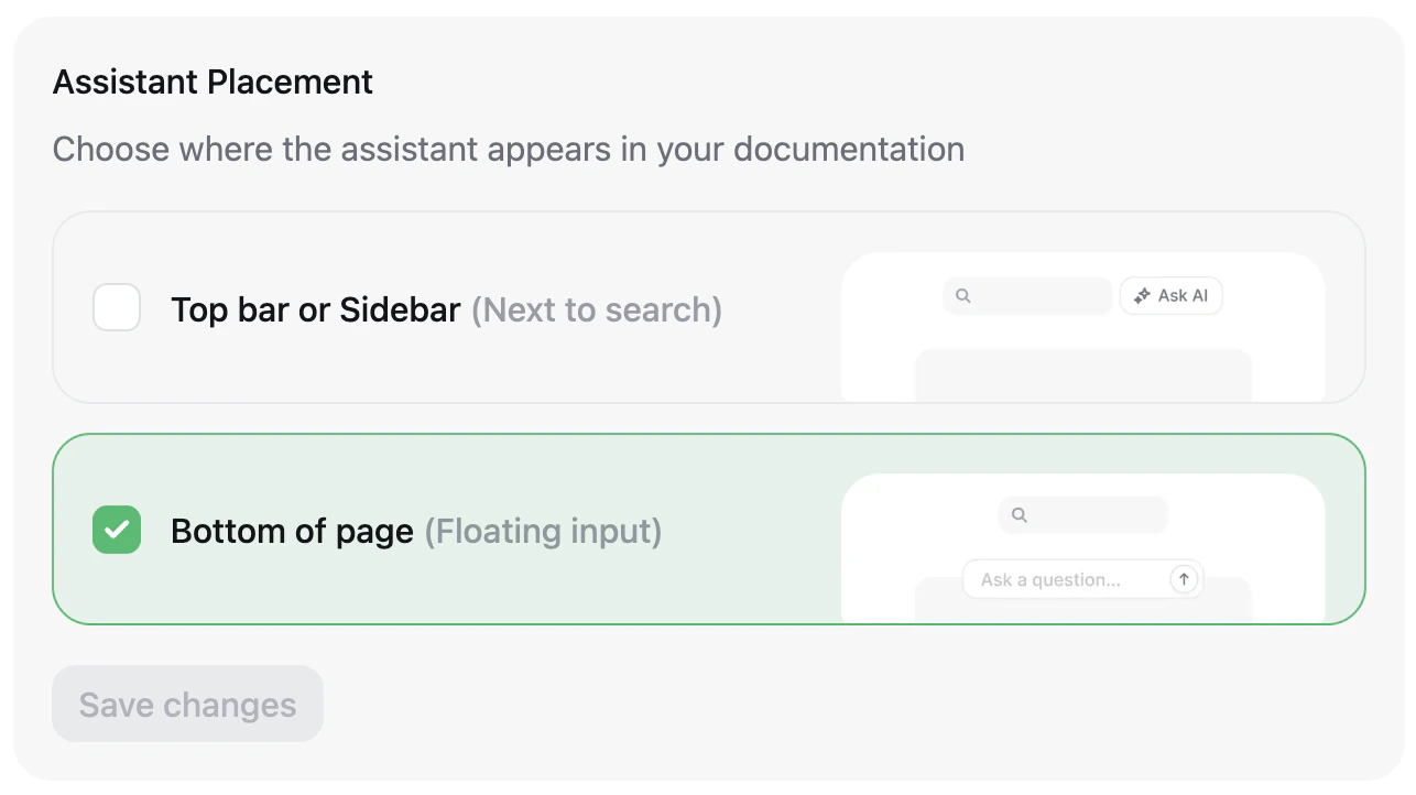 The assistant placement panel in the dashboard with the bottom of page option selected.