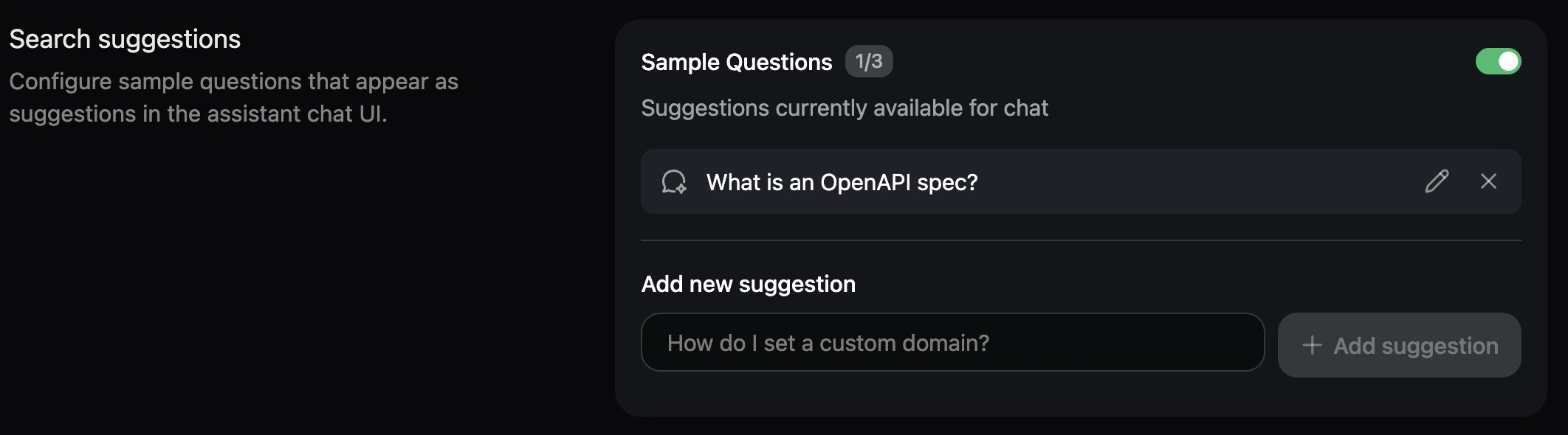 The search suggestions panel in the dashboard. What is an OpenAPI spec? is configured as a sample question.