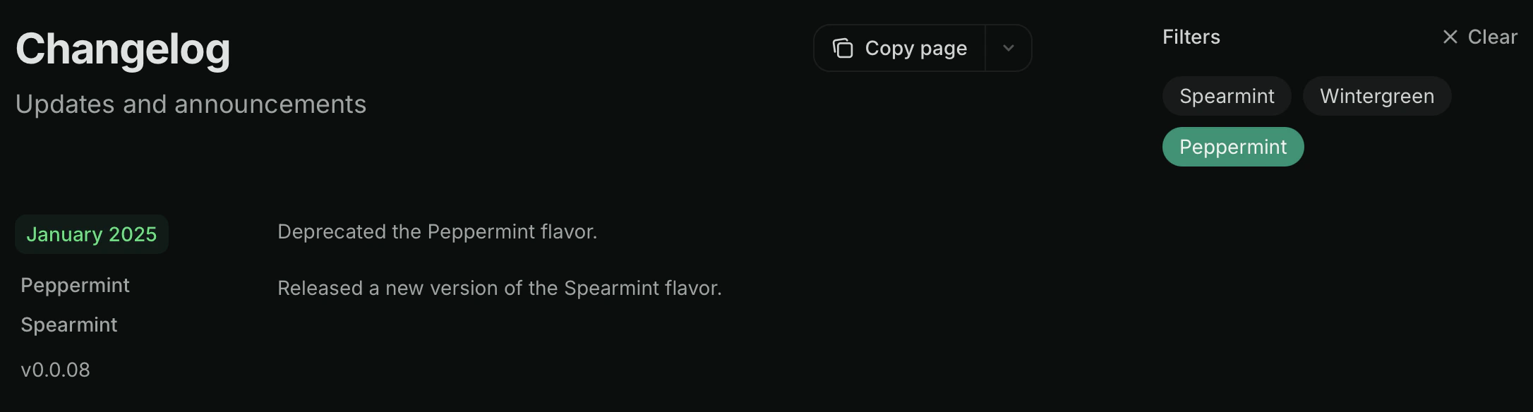 Changelog in dark mode with the Peppermint tag filter selected.