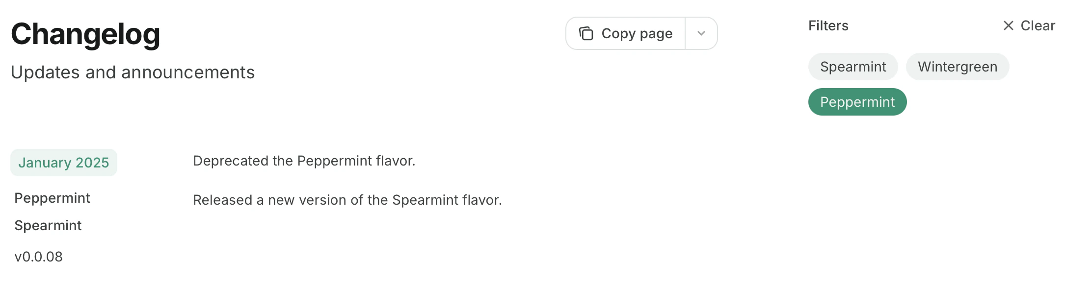 Changelog in light mode with the Peppermint tag filter selected.