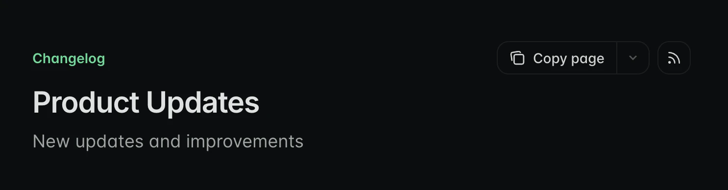 Changelog page in dark mode with RSS feed button enabled.